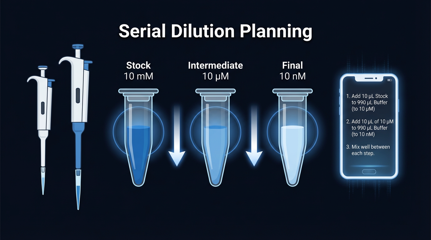 Serial dilution planning diagram showing three labeled tubes — Stock 10 mM, Intermediate 10 µM, Final 10 nM — with pipettes and a numbered protocol on a phone screen