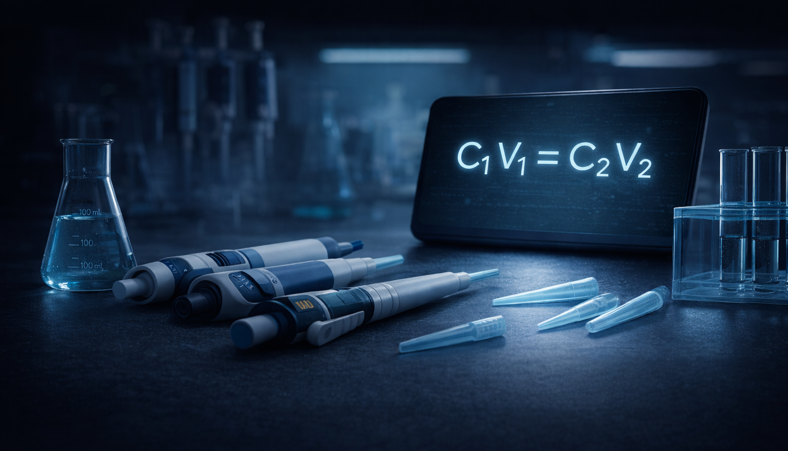 Professional laboratory pipette set with C1V1=C2V2 dilution formula displayed on a phone screen, surrounded by Erlenmeyer flask and pipette tips on a lab bench