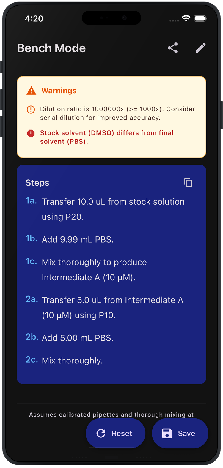 Bench Mode with large text protocol steps and warnings for easy reading at arm's length