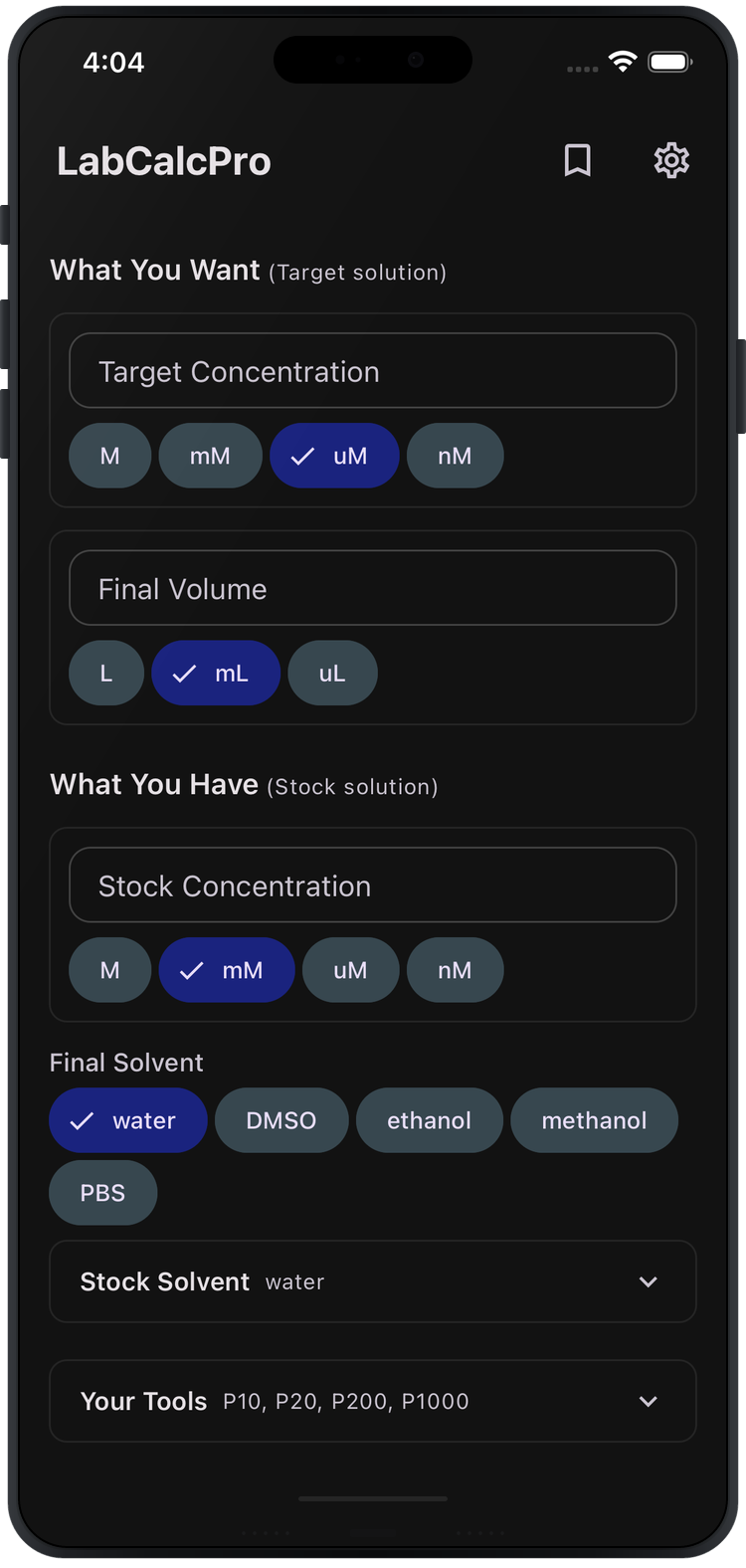 LabCalcPro calculator input screen with concentration, volume, and unit selectors