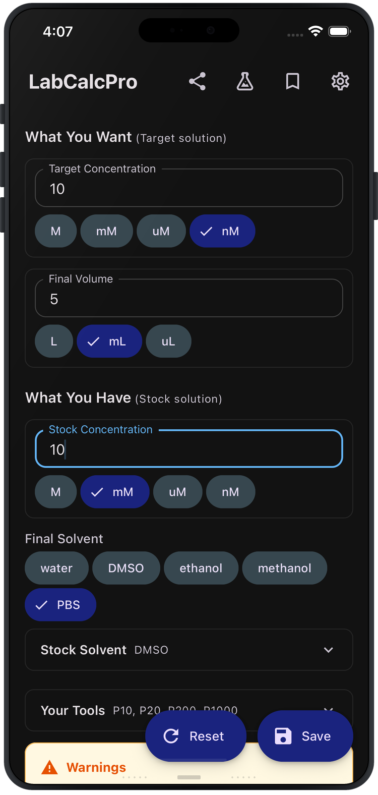 Calculator with filled inputs — 10 nM target, 5 mL volume, 10 mM stock concentration