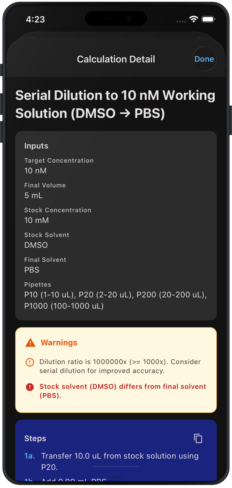 Saved calculation detail showing inputs, warnings, and serial dilution steps