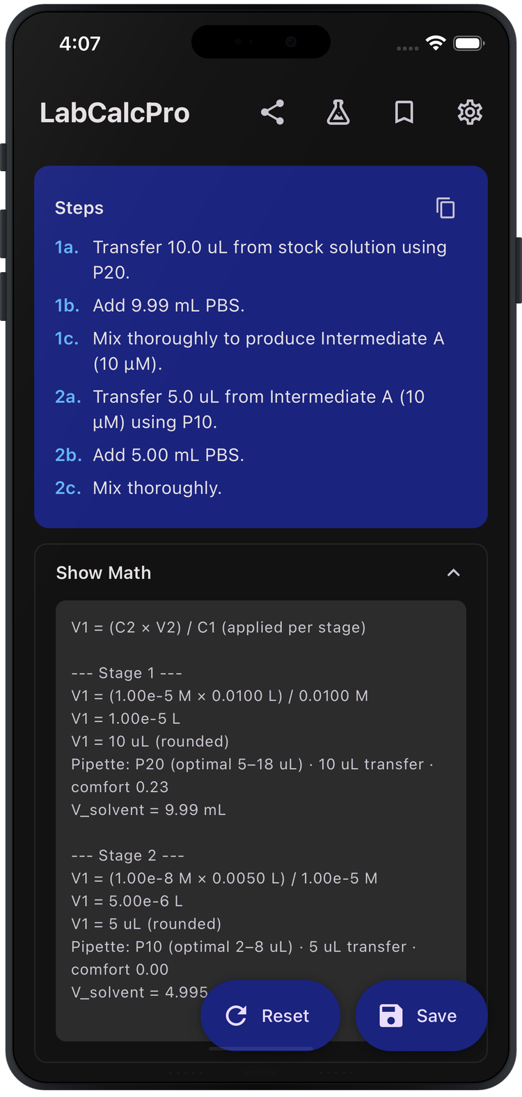 Serial dilution protocol steps with expanded Show Math section showing full formulas